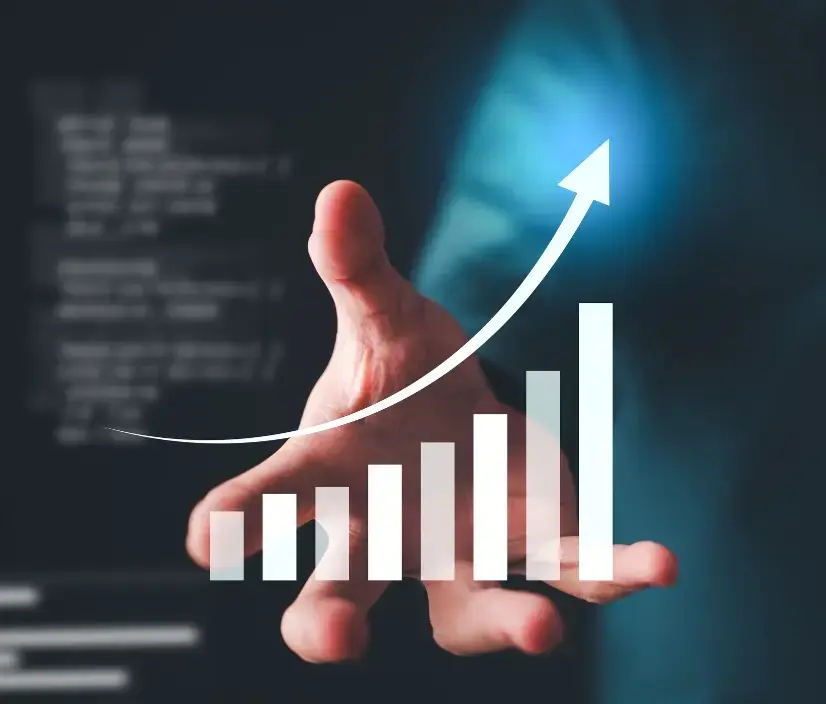 Hand presenting an upward growth chart against a dark digital backdrop