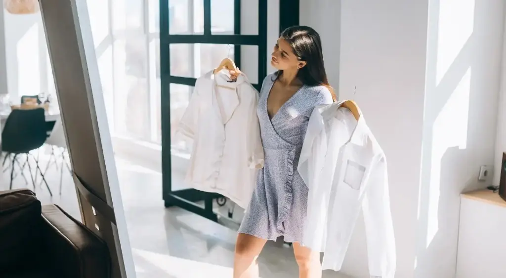 Woman comparing two shirts on hangers in front of a mirror