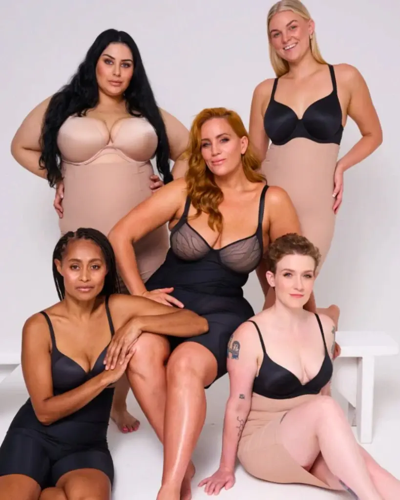 Five Figur models wearing black and nude shapewear, showing fit across different body types
