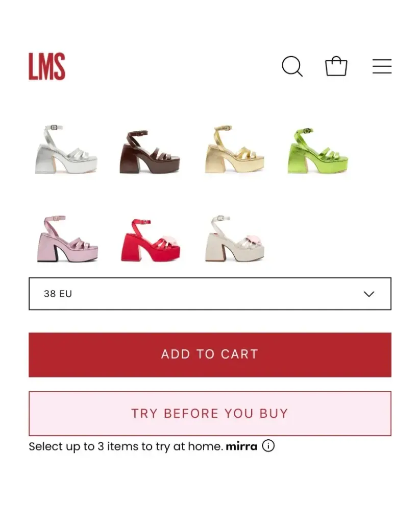 LMS product page showing platform sandals with Add to Cart and Try Before You Buy options powered by Mirra