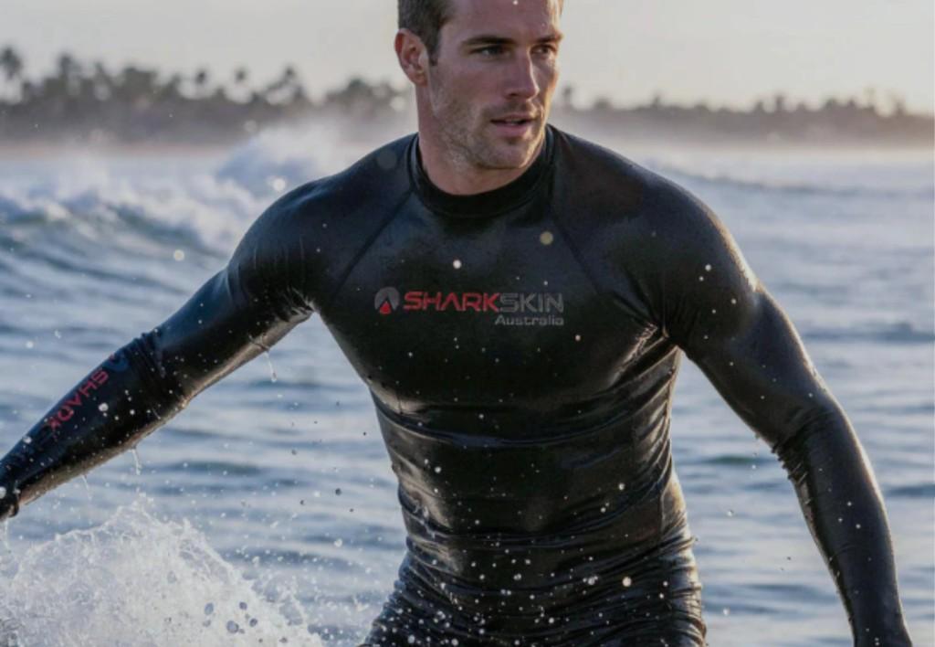 Sharkskin performance swimwear in ocean waves