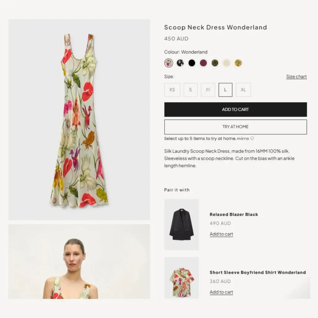 Silk Laundry product page showing Scoop Neck Dress Wonderland with Add to Cart and Try at Home powered by Mirra