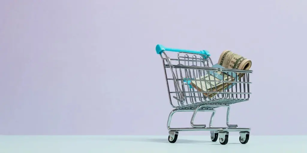 Miniature shopping cart filled with a roll of cash against a pastel background