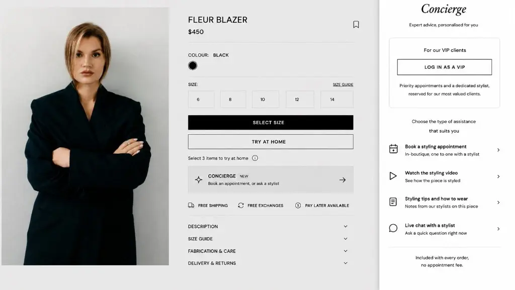 Fashion product page with the Mirra Concierge panel open beside a Fleur Blazer listing